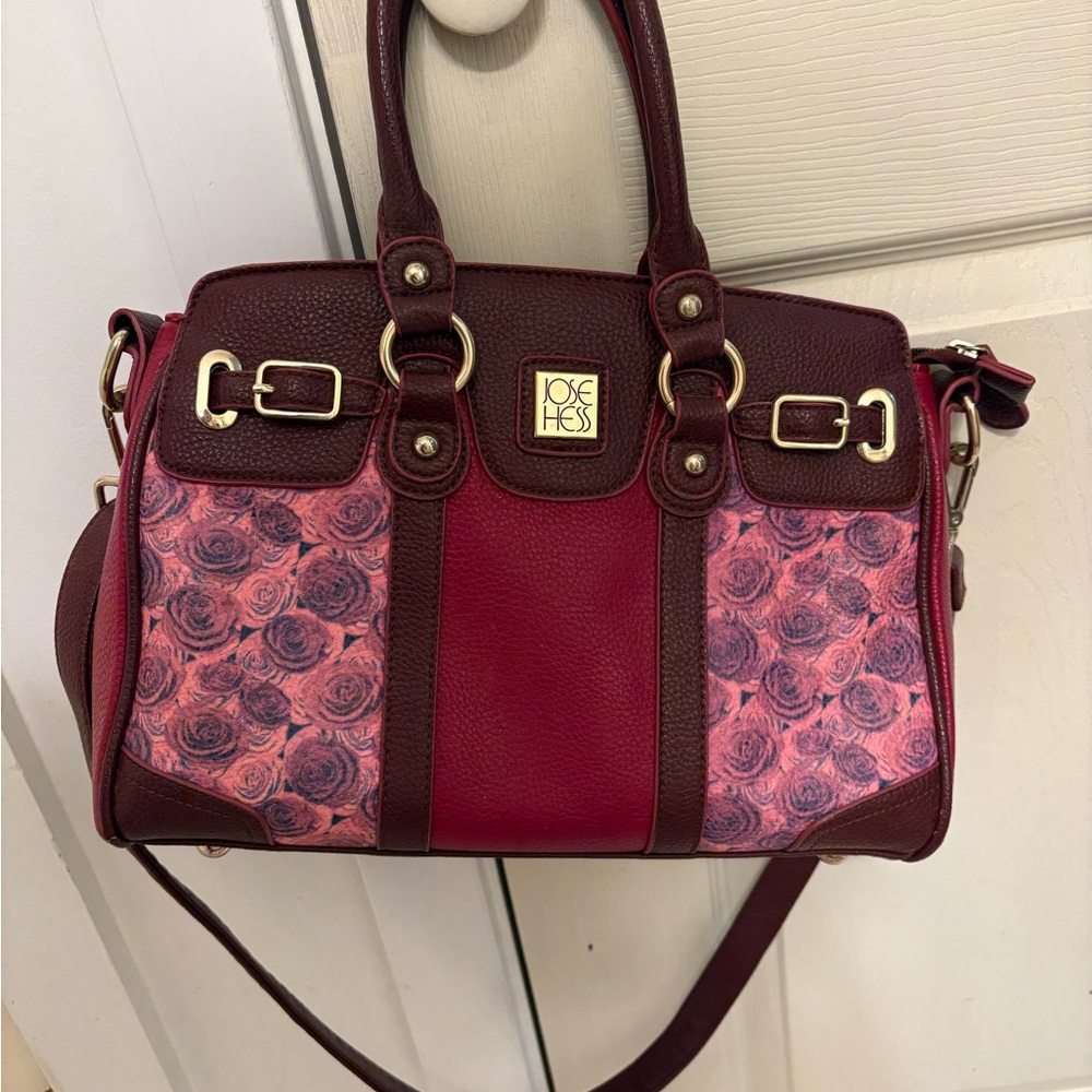 Jose Hess Burgundy and Pink Rose Satchel
